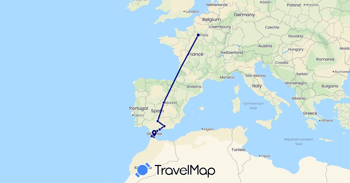 TravelMap itinerary: driving in Spain, France, Morocco (Africa, Europe)